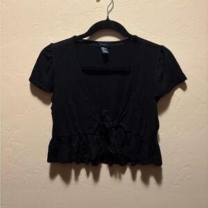 Black Short Sleeve Tie-Front Top